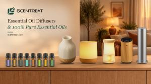 Five Scentreat essential oil diffusers in ceramic, wood and aluminum finishes beside eight bottles of 100% pure essential oils on a wooden console in a cozy living room