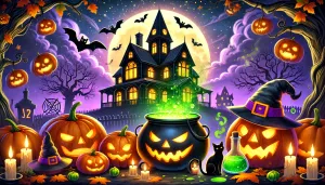 Halloween Trivia Game with jack-o’-lanterns, a haunted house, bats, candles, a witch hat, and spooky Halloween decorations.