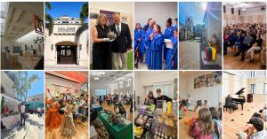 Collage of Coral Gables Museum showing its exterior, galleries, exhibitions, performances, educational activities and community events.