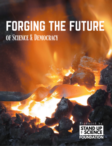 Cover art of the Forging the Future report, with a background photo of a fiery forge with a piece of metal in the flame.