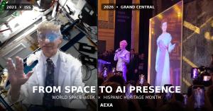 Composite of AEXA’s 2021 holoportation work aboard the International Space Station and its 2026 holographic AI presentation at Grand Central Terminal in New York.