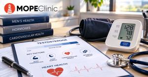 Blood pressure monitor and clinical materials representing testosterone therapy and cardiovascular health monitoring