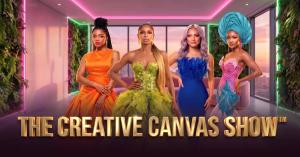 Promotional graphic for “The Creative Canvas Show” featuring four women in orange, lime-green, royal-blue, and pink-and-teal gowns. They stand in a modern lounge with pink and green lighting, with the show’s title in large gold letters across the bottom.