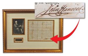 John Hancock signed document, dated Jan. 1, 1776, promoting William Scott, a New Hampshire minuteman, Battle of Bunker Hill veteran, and prisoner of war, to the rank of Captain in the 16th Regiment of Foot. Estimate: $12,000-$15,000
