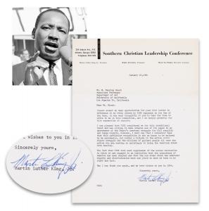 Martin Luther King, Jr. typed letter signed, dated January 16, 1964, thanking a California professor for congratulating him on being named TIME magazine’s “Man of the Year” for 1963. Estimate: $5,000-$6,000