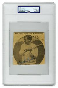 Babe Ruth signed newspaper clipping headlined “Babe Takes a New Grip After Signing,” PSA/DNA slabbed and certified authentic. Estimate: $3,500-$5,000