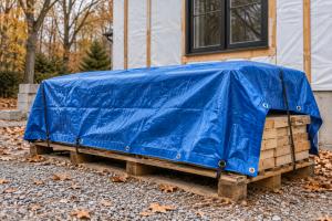 Blue tarp secured over stacked lumber on wooden pallets beside a house under renovation, with autumn leaves on the ground.