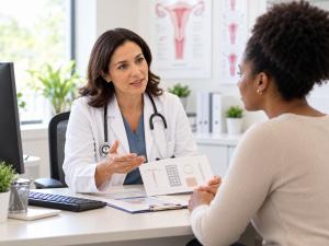 Doctor speaking with a female patient during a healthcare visit.