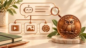 Copper Penny Owl coin beside an AI assistant, magnifying glass and icons for video, images and language models.