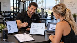 Personal trainer at Train With Dave reviewing a customized Goal Roadmap, body composition results, nutrition goals and daily habits with a prospective client during a fitness consultation.