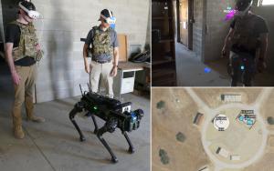 Two researchers from the U.S. Army Combat Capabilities Development Command (DEVCOM) Army Research Lab operate extended reality heads up displays (HUD) to interface with a robot inside a Combined Arms Collective Training Facility at JIFX.