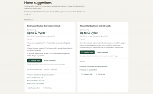 JouleFlow home energy suggestions showing estimated annual savings of up to $77 from adjusting heating schedules and up to $31 from reducing standby power, with options to track each action.