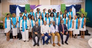 Hon. Dr. Frank Anthony, Guyana’s Minister of Health, and Prof. Jacob Opadeyi, Director of GOAL, with GOAL × Medvarsity Health Sciences graduates and representatives from GOAL, Medvarsity and Apollo Hospitals at the graduation ceremony in Georgetown, Guyana.