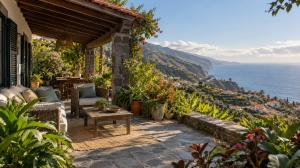 A shaded terrace with sea views