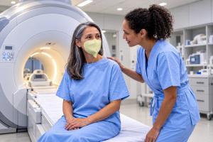 Patient wearing a yellow strapless ReadiMask respirator beside an MRI scanner with an MRI technologist.