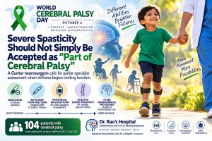 World Cerebral Palsy Day graphic highlighting severe spasticity assessment, cerebral palsy treatment options, and Dr. Rao’s IIN experience treating 104 patients surgically.
