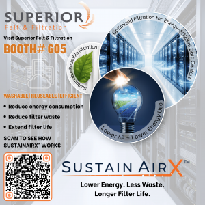 SustainAirX promotional graphic featuring data center server racks, a green leaf and an Earth-shaped light bulb. Highlights washable, reusable filtration, lower energy use, less waste and longer filter life. Includes Booth 605 and a QR code.