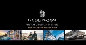 Fortress Insurance & Benefits Group logo with the tagline "Protection. Guidance. Peace of Mind." above four photos: a modern home with a pool, a couple walking on the beach, a glass office building, and a luxury car.