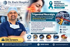 World Trigeminal Neuralgia Day graphic featuring Dr. Mohana Rao Patibandla and highlighting microvascular decompression for appropriate patients with neurovascular compression.