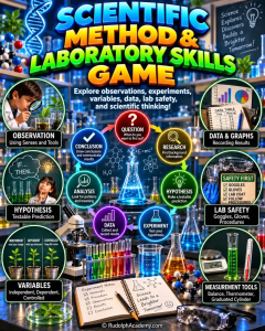 Scientific Method and Laboratory Skills Game with scientific method steps, lab safety, variables, data and graphs, measurement tools, experiments, and laboratory equipment.
