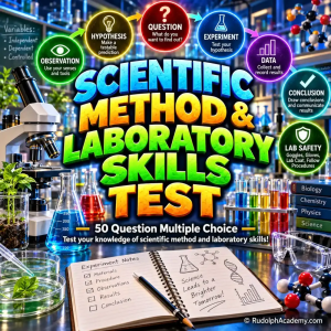 Scientific Method and Laboratory Skills Test with 50 multiple-choice questions on observations, hypotheses, experiments, data, conclusions, lab safety, and science skills.