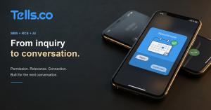 Tells.co messaging illustration with a rich appointment card and reply bubbles on smartphones.
