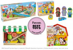 Four Jasey's Toy Chest wooden toys shown with their packaging around a pink Parents Best Toys 2026 Awards seal: a train set and table, magnetic mix-and-match community helper figures, a toy fruit crate with a wooden knife, and a farm peg puzzle with a cow