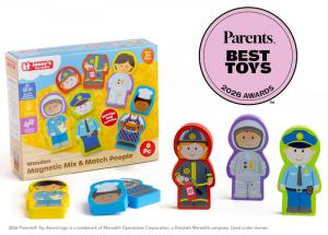 Jasey's Toy Chest Wooden Magnetic Mix & Match People box with wooden figures of a firefighter, astronaut, police officer, doctor, and chef, with the pink Parents Best Toys 2026 Awards seal.