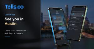 Tells.co LEND360 conference graphic featuring phones and an illustrative Austin skyline.