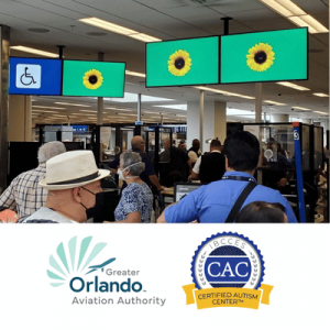 Airport security checkpoint with sunflower screens, wheelchair-accessible sign, travelers, and Greater Orlando Aviation Authority and Certified Autism Center logos.