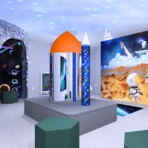 Interactive space museum exhibit with rocket displays, lunar-surface mural, astronaut figures, and a cratered moon wall.