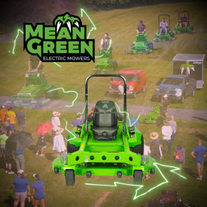 Mean Green mowers logo with a green grassy background of various zero-turn and stand-on electric mowers.