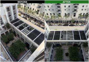 Before and after exterior cleaning of a high-rise courtyard pergola at Belmont Village, Coral Gables