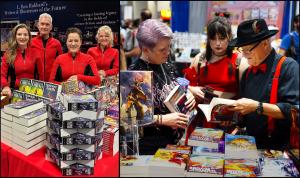 Two photos next to each other. First, a bright red booth filled with L. Ron Hubbard fiction books with four Galaxy Press staff. Next to that is a photo of a Galaxy Press staff selling books to an excited customer.