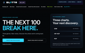 GL1TTR homepage showing free artist and fan registration, music discovery features and the Breaking 100 charts.