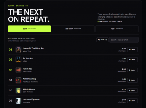 GL1TTR Breaking 100 chart showing ranked emerging tracks in EDM/House with tabs for Hip-Hop/Rap and Pop.