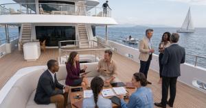 A diverse group of corporate executives reviewing documents and networking on the outdoor deck of a luxury yacht during an exclusive Astra Privé corporate summit.