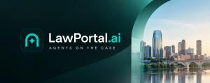 LawPortal.ai logo with the tagline "Agents on the Case" on a dark green background, next to a city skyline and river bridge seen through an arch.