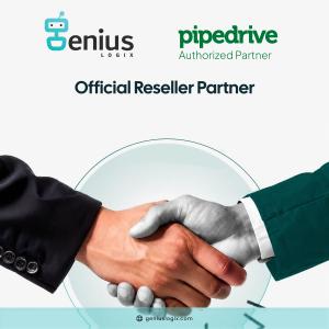 Genius Logix and Pipedrive Authorized Partner logos above the text "Official Reseller Partner," with two business professionals shaking hands
