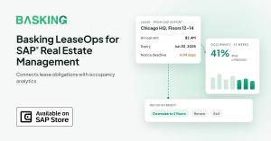 Basking LeaseOps for SAP Real Estate Management, available on SAP Store. Illustration of a lease record, occupancy analytics and a portfolio decision.