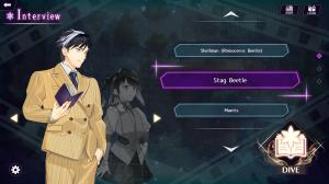 Gameplay screenshot of an investigation scene with dialogue choices