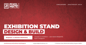  Pixelmate Expo banner on a red background reading "Exhibition Stand Design & Build", with a Request a Design Proposal button and Singapore contact details.