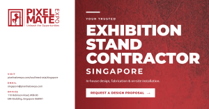 Pixelmate Expo logo and contact details on a white panel next to the red headline "Exhibition Stand Contractor Singapore", with a Request a Design Proposal button.