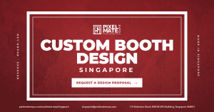 The headline "Custom Booth Design Singapore" inside a white frame on a red world-map texture, with the Pixelmate Expo logo and a Request a Design Proposal button.