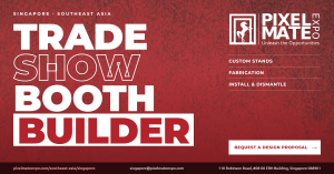 Large stacked text reading "Trade Show Booth Builder" on red, next to the Pixelmate Expo logo, a list of services and a Request a Design Proposal button.