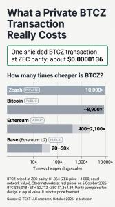 Bar chart: at ZEC parity, one shielded BTCZ transaction costs about $0.0000136, 10,000 times less than Zcash, about 8,900 times less than Bitcoin, 400 to 2,100 times less than Ethereum and 20 to 50 times less than Base.