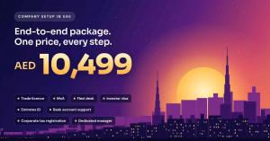 Dubai skyline at sunset with the text "Company setup in UAE, end-to-end package, AED 10,499" and a list of what the package includes