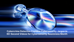 Glass stopwatch on a blue motion-blur background with the headline: Cybercrime Detective Explains Cybersecurity Jargon in 60-Second Videos