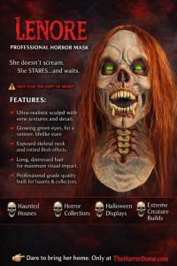 Lenore Zombie HD Studios Pro Halloween mask with long red hair, green eyes, exposed teeth, and skeletal neck detail.