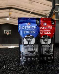 Two 12-pack bags of American Ostrich Farms Ostrich and Beef Snack Sticks.